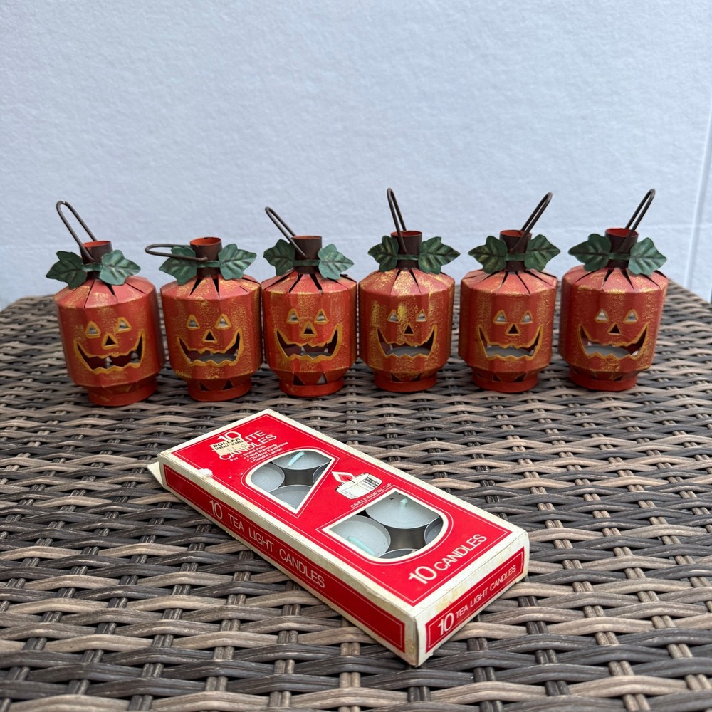 Vintage Metal Jack O Lantern Tea Light Holders Set of 6 Halloween Pumpkins